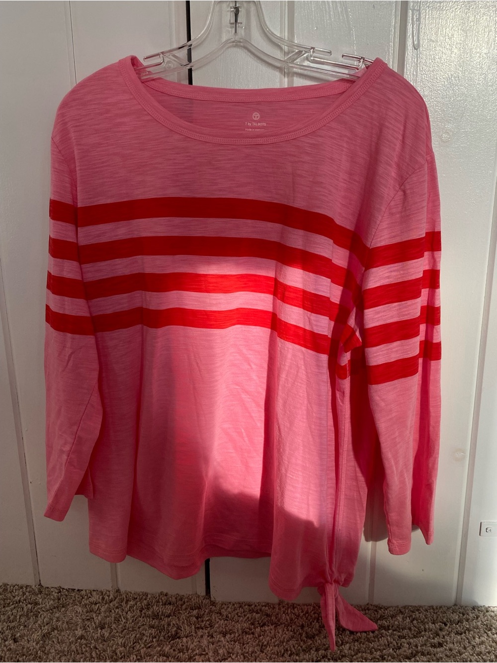 Talbots XL pink red stripped long sleeve shirt tie on bottom